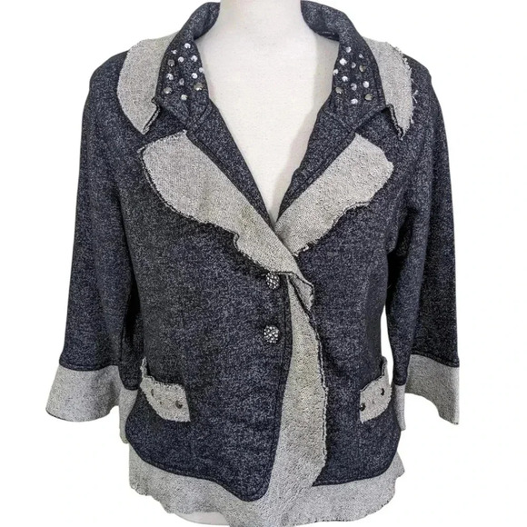 Bleu Bayou Unstructured Cotton Jacket Womens L Gray Rhinestones  Beaded Buttons - Picture 1 of 8